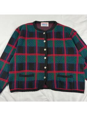 Vintage Tally-Ho plaid cardigan sweater green navy red size medium